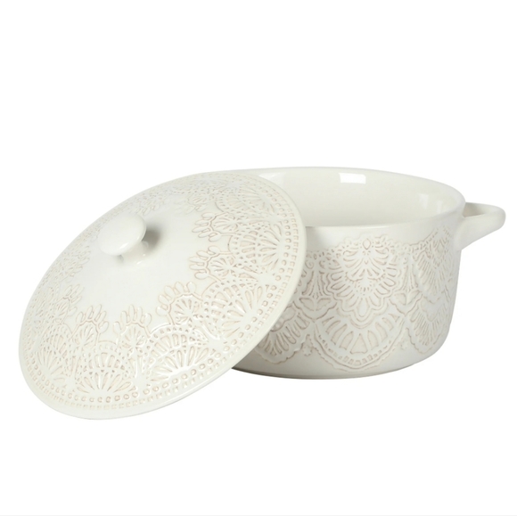 💕 The Pioneer Woman Vintage Lace Linen Embossed Casserole Baking Dish With Lid - Picture 1 of 5